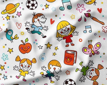 Cotton Fabric by the Yard – Playful Kids and Fun Activities Pattern – Available in Cotton, Linen, Bamboo & More, Perfect for Craft Projects