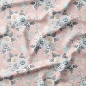 Pastel Roses and Butterflies on Blush Pink Cotton Fabric by the Yard - Elegant Floral Design for Quilting, Sewing, and Home Decor