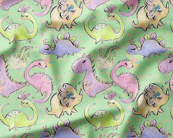 Cotton Fabric by the Yard - Cute Pastel Dinosaurs on Light Green Background - Available in Cotton, Linen, Bamboo & More - Perfect for DIY