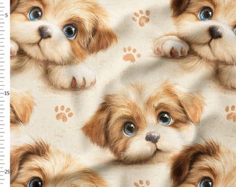 Cotton Fabric by the Yard, Watercolor Puppies and Paw Prints, Beige Nursery Dog Print