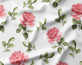 Pink Watercolor Roses and Green Leaves on White Cotton Fabric by the Yard – Elegant Floral Design for Quilting, Apparel, and Home Decor