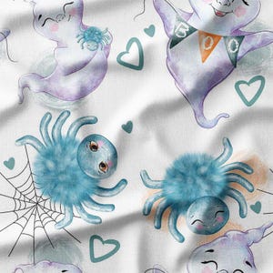 Cute Ghosts and Fluffy Spiders on White Cotton Fabric by the Yard - Adorable Halloween Design for Kids&#39; Quilting and Sewing Projects