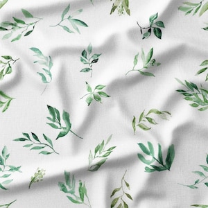 Cotton Fabric by the Yard - Watercolor Green Leaves on White Background, Perfect for Quilting, Home Decor, and Botanical Crafts