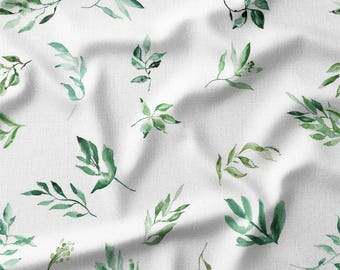 Cotton Fabric by the Yard - Watercolor Green Leaves on White Background, Perfect for Quilting, Home Decor, and Botanical Crafts