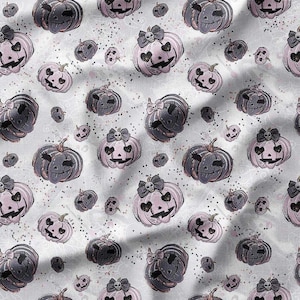 Cute Halloween Pumpkins with Bows on Gray and Pink Cotton Fabric by the Yard – Spooky and Fun Design for Quilting, Sewing, and Home Decor