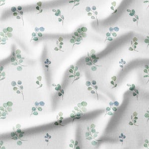 Delicate Eucalyptus Sprigs on White Cotton Fabric by the Yard - Subtle Watercolor Botanical Pattern for Quilting, Sewing, and Crafts