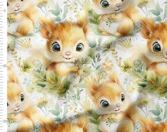 Cotton Fabric by the Yard, Woodland Squirrels with Greenery, Soft Watercolor Botanical on White
