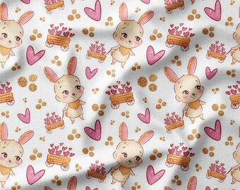 Sweet Bunny Cotton Fabric by the Yard – Adorable Rabbits with Hearts and Wagons, Perfect for Baby Clothing, Nursery Decor Quilting Projects