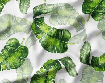 Cotton Fabric by the Yard – Green Banana Leaves on White – Tropical Botanical