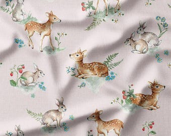 Deer and Bunny Cotton Fabric by the Yard Adorable Meadow Animal Fawns and Rabbits with Flowers Design Sewing Fabric for Quilting & Sewing