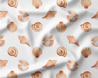 Fabric by the Yard - Watercolor Seashells on White Cotton Fabric - Perfect for Quilting, Sewing, and Coastal Decor Projects
