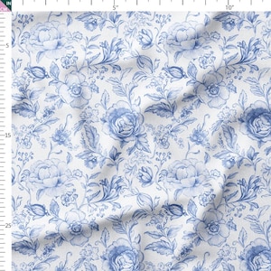 Cotton Fabric by the Yard – Toile de Jouy Roses & Leaves, Printed Cotton (5 Colors: Red, Blue, Beige, Green, Gray)