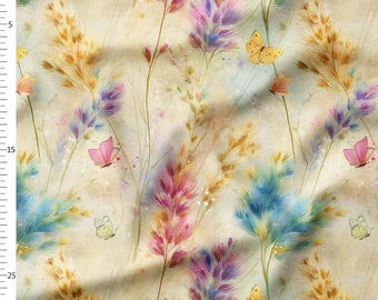 Cotton Fabric by the Yard, Meadow Feathers Wildflowers and Butterflies, Beige Boho Watercolor