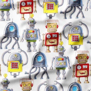 Cotton Fabric by the Yard – Retro Watercolor Robots on White – Kids/Boys Sci-Fi