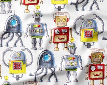 Cotton Fabric by the Yard – Retro Watercolor Robots on White – Kids/Boys Sci-Fi
