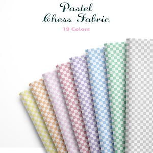 Puede incluir: Una colección de rollos de tela de ajedrez en colores pastel. Los rollos muestran un patrón de cuadros en varios colores, incluyendo amarillo, naranja, rosa, morado, azul y verde. El texto "Pastel chess Fabric" y "19 Colors" se muestra en la parte superior.