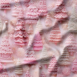 3D Pink and White Christmas Trees with Snowflakes on Pastel Cotton Fabric by the Yard - Perfect for Holiday Quilting, Pillows, and Crafts