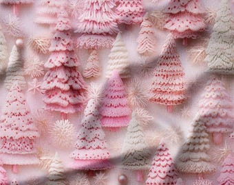 3D Pink and White Christmas Trees with Snowflakes on Pastel Cotton Fabric by the Yard - Perfect for Holiday Quilting, Pillows, and Crafts
