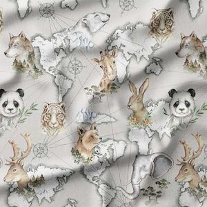 Gray World Map Animal Adventure Cotton Fabric by the Yard Wildlife Animal Fabric Bear, Tiger Panda Sewing Fabric for Crafts and Clothes
