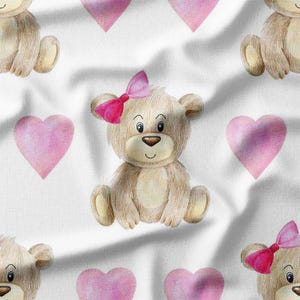 Cute Teddy Bear with Pink Bow and Hearts Cotton Fabric by the Yard – Ideal for Baby Blankets, Kids&#39; Clothing, and Nursery Decor