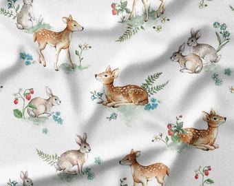 Deer and Bunny Cotton Fabric by the Yard Adorable Meadow Animal Fawns and Rabbits with Flowers Design Sewing Fabric for Quilting & Sewing