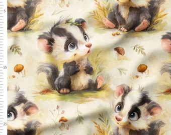 Cotton Fabric by the Yard, Baby Skunk with Mushrooms and Leaves, Cream Woodland Nursery Print