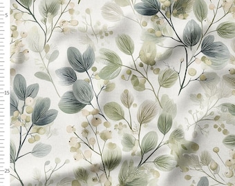 Cotton Fabric by the Yard – Sage and Teal Watercolor Leaves on Cream – Japandi Botanical Pattern