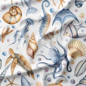 Underwater Sea Creatures and Shells Watercolor Cotton Fabric by the Yard - Ocean-Inspired Design for Quilting, Sewing, and Beach Decor