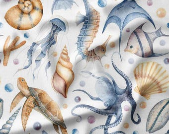 Underwater Sea Creatures and Shells Watercolor Cotton Fabric by the Yard - Ocean-Inspired Design for Quilting, Sewing, and Beach Decor