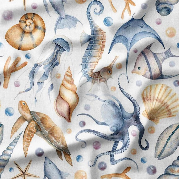 Underwater Sea Creatures and Shells Watercolor Cotton Fabric by the Yard - Ocean-Inspired Design for Quilting, Sewing, and Beach Decor