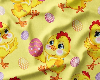 Easter Chicks and Colorful Eggs on Yellow Cotton Fabric by the Yard – Playful Spring Design for Kids, Quilting, DIY Crafts, and Home Decor