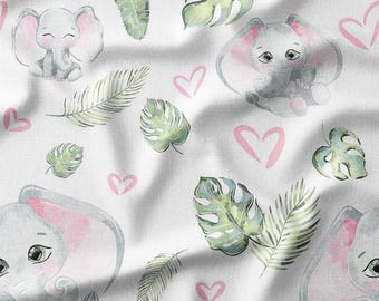 Gray Elephants and Tropical Leaves Cotton Fabric by the Yard - Cute Design for Kids' Quilting, Sewing, Bedding, and Curtains