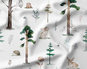 Woodland Rabbits, Owls, and Trees on White Cotton Fabric by the Yard – Nature-Inspired Design for Quilting, Pillows, and Nursery Decor