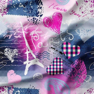 Paris Hearts and Eiffel Tower on Pink and Blue Cotton Fabric by the Yard – Romantic and Trendy Design for Quilting, Sewing, and DIY Crafts