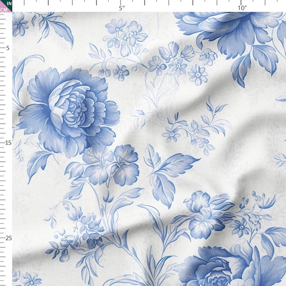 Fabric by the Yard – Blue Toile Chinoiserie Roses & Peonies, Large-Scale Floral, Printed Cotton (Blue Only)