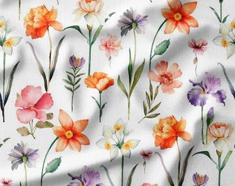 Vibrant Watercolor Wildflowers on White Cotton Fabric by the Yard - Colorful Floral Design for Quilting, Sewing, and Spring Crafts