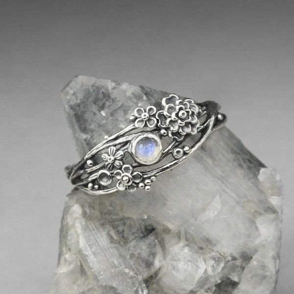 Twig ring - silver and moonstone, sculpted flowers and twigs, silver flowers, moonstone ring, sterling silver, boho ring, romantic wreath