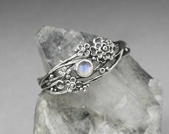 Twig ring - silver and moonstone, sculpted flowers and twigs, silver flowers, moonstone ring, sterling silver, boho ring, romantic wreath