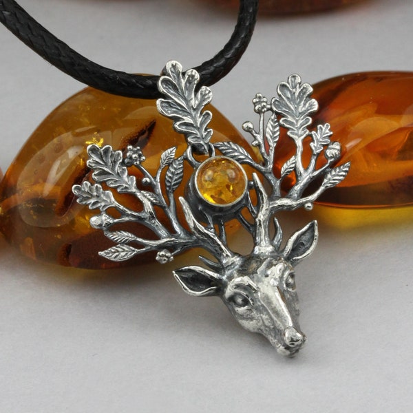 The Light Bringer - silver stag pendant, Baltic amber pendant, silver leaves, oak leaves pendant, silver deer, silver twigs, deer pendant