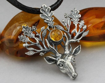 The Light Bringer - silver stag pendant, Baltic amber pendant, silver leaves, oak leaves pendant, silver deer, silver twigs, deer pendant