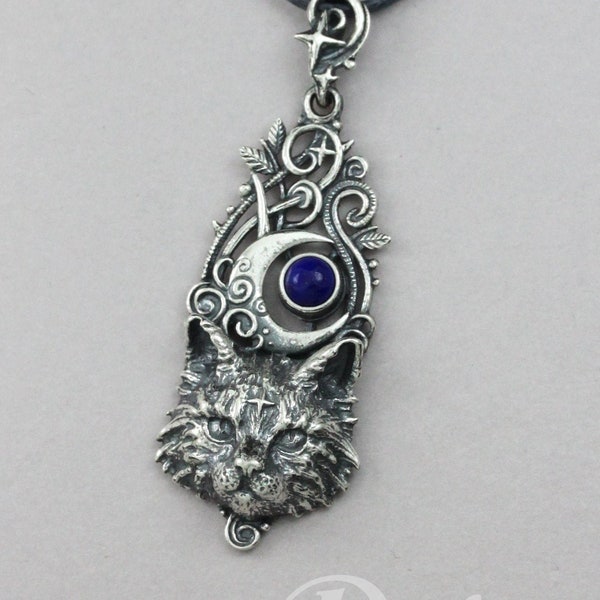 Lunar cat - sterling silver cat, cat pendant, celestial cat, moon magic, cat necklace, magical cat pendant, detailed cat pendant, cat magic