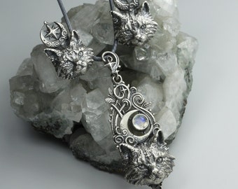 Cat Secrets - set, sterling silver cat pendant, kitten earrings set, lunar cat, magical cat pendant, for cat lovers, moonstone cat pendant