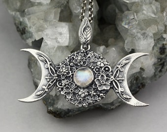 Triple Goddess, flowers and moonstone, sterling silver pendant, goddess pendant, wiccan pendant, moonstone pendant, witch necklace, moon fae