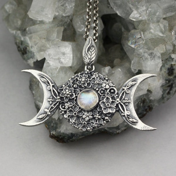 Triple Goddess, flowers and moonstone, sterling silver pendant, goddess pendant, wiccan pendant, moonstone pendant, witch necklace, moon fae