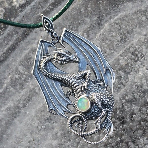 Silver dragon pendant, Dragon's tale, Ethiopian opal or a moonstone, fantasy dragon, dragon pendant, ice dragon, fire dragon, fantasy, magic