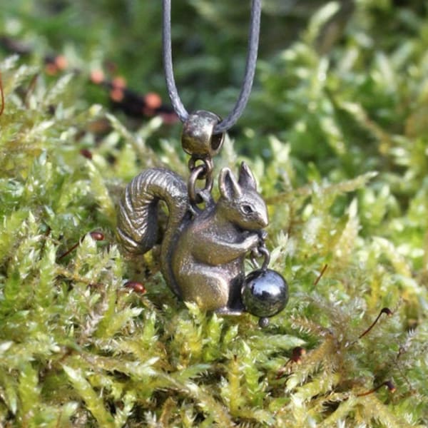 George the squirrel, cute squirrel pendant, hematite pendant,  brass and silver, little squirrel, tiny animal, cute animal, golden squirrel
