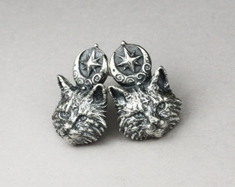 Star kittens, sterling silver cat earrings, tiny cat earrings, cat studs, for cat lovers, moon cats, celestial cat, feline jewelry, cute