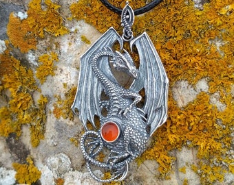 Silver dragon pendant with carnelian, fire dragon, carnelian pendant, fiery orange, dragon necklace, smaug pendant, fantasy dragon pendant