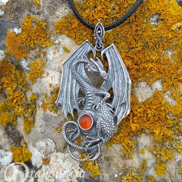 Silver dragon pendant with carnelian, fire dragon, carnelian pendant, fiery orange, dragon necklace, smaug pendant, fantasy dragon pendant