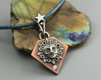 Cosmos miniature, tiny silver sun pendant, sun and stars pendant, solar pendant, silver na copper, tiny sculpted face, silver face, magical